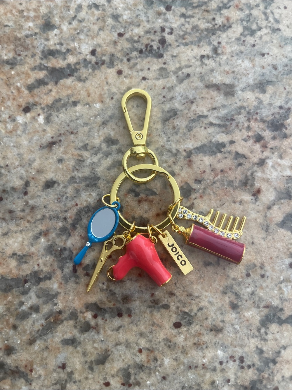 Joico Gold Keychain with Red Dryer, Pink Comb & Blue Mirror Charms